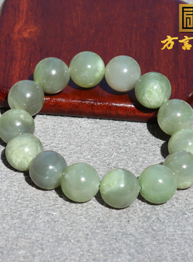 震惊精品方言和田玉收藏级青海老坑料带翠色卡16mm圆珠手串手链O8