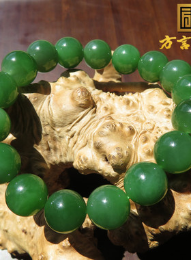 惊呆了方言和田玉俄罗斯老坑料辣阳绿色碧玉卡12mm圆珠手串手链w3
