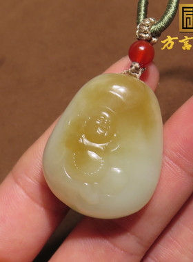 闭眼入方言品牌精品和田玉新疆且末料黄金糖白玉笑佛吊坠挂件X5