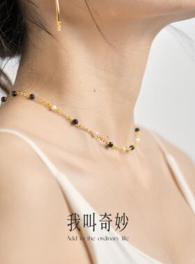 项链原创手工制作黑蓝宝珍珠