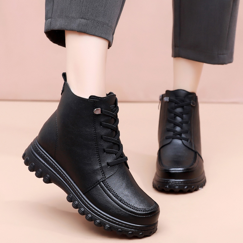 羊毛加厚妈妈鞋棉鞋42码平底防滑女鞋中老年加绒保暖短靴东北皮鞋 - 图1