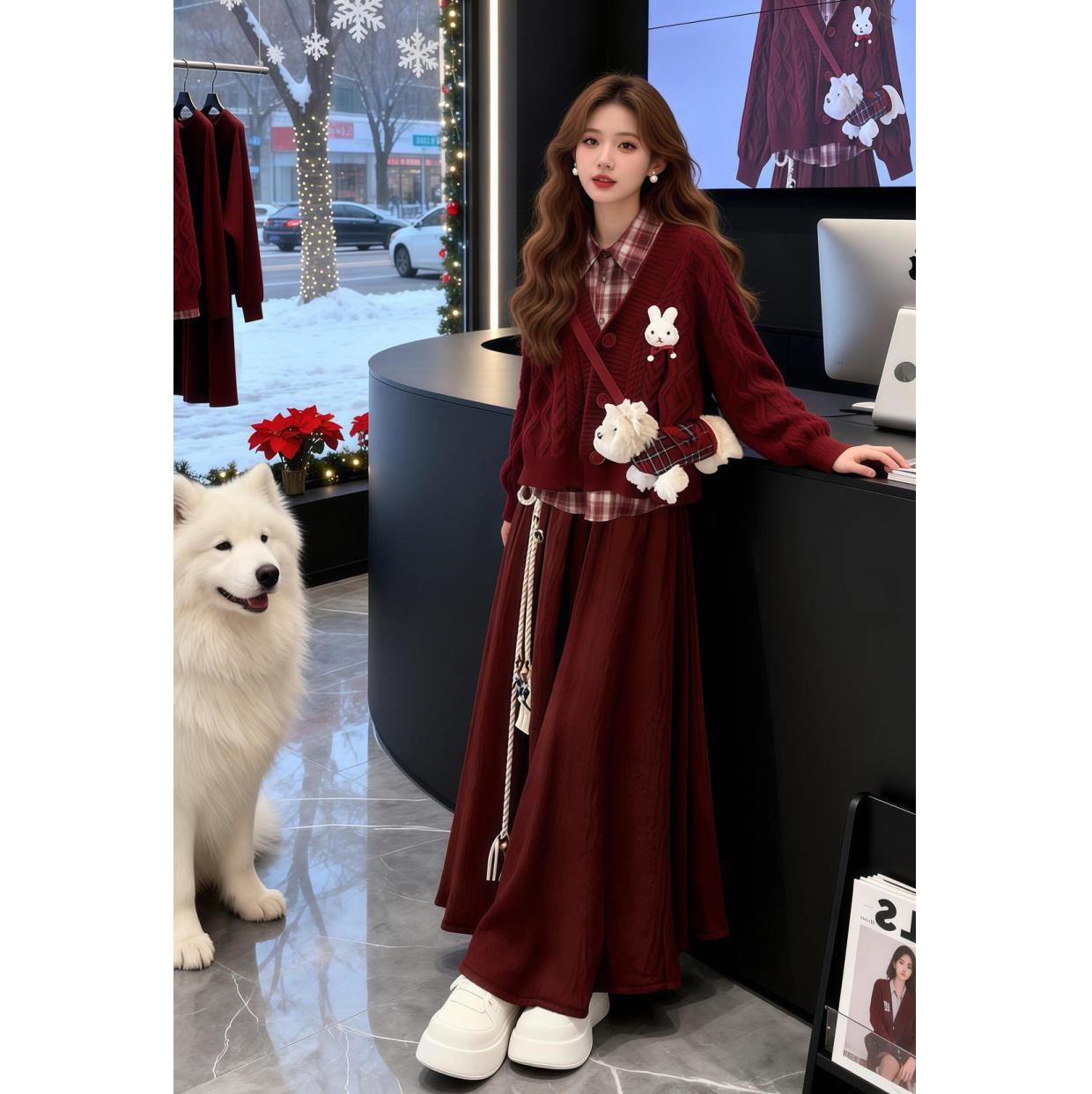 冬季新款时尚气质针织毛衣开衫搭配格子衬衫女搭配红色高腰半身裙,淘宝优惠券,粉丝福利购,淘宝优惠卷