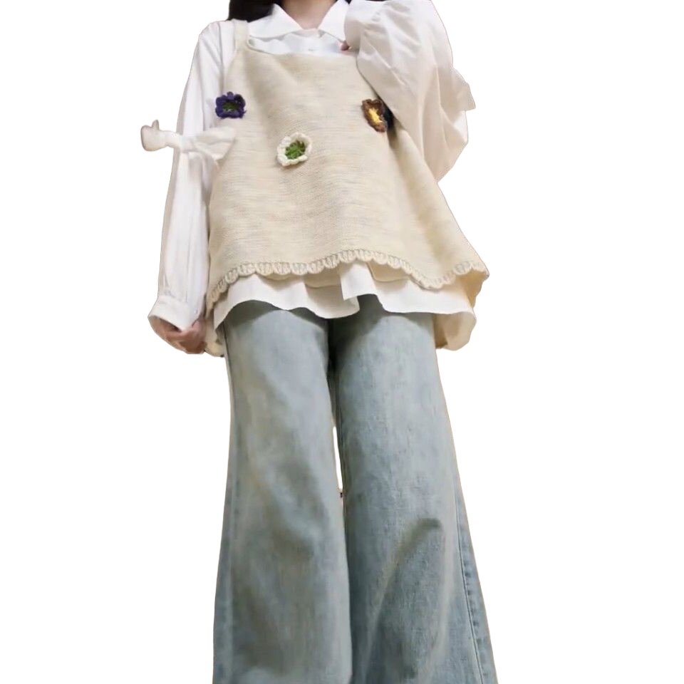 学院风立体花朵针织吊带马甲背心女百搭长袖衬衫女早秋穿搭一整套 - 图3