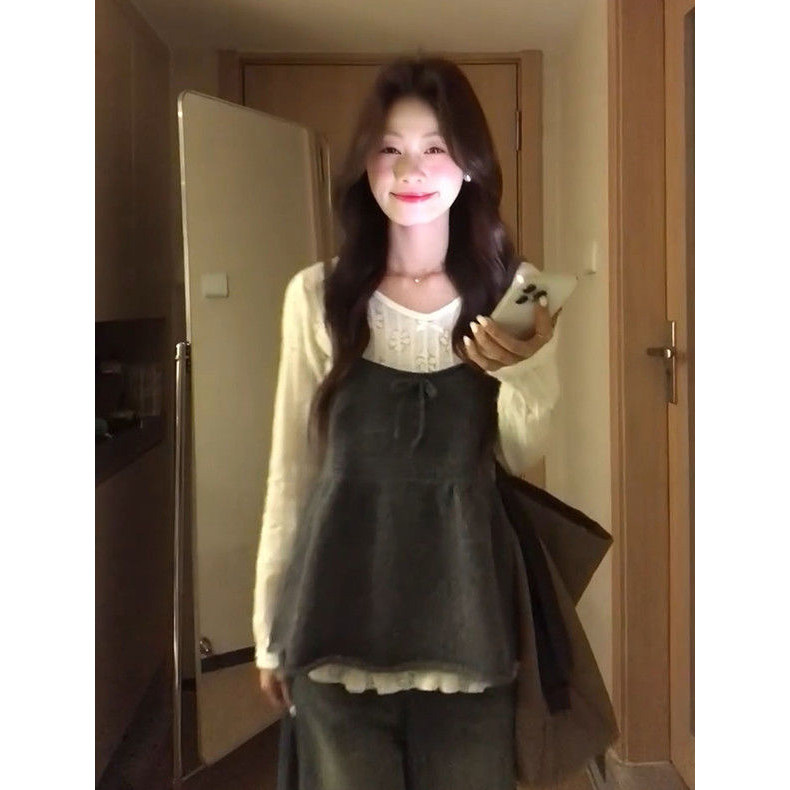 减龄小个子针织软糯背心吊带叠穿设计感2025新款镂空长袖上衣套装,淘宝优惠券,粉丝福利购,淘宝优惠卷