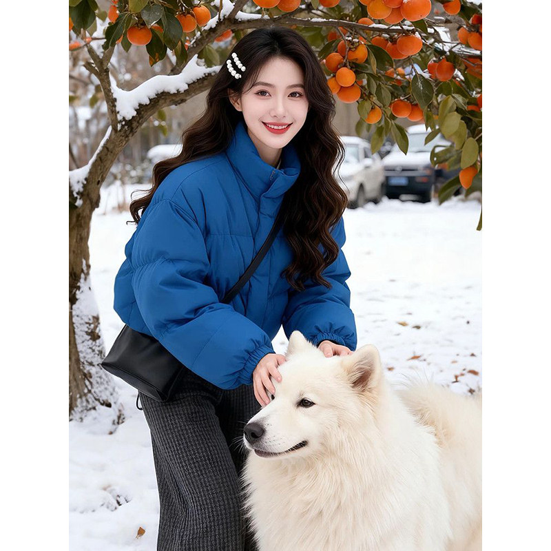 温柔气质风克莱因蓝宽松保暖棉服外套+格子百搭阔腿长裤套装_两件,淘宝优惠券,粉丝福利购,淘宝优惠卷