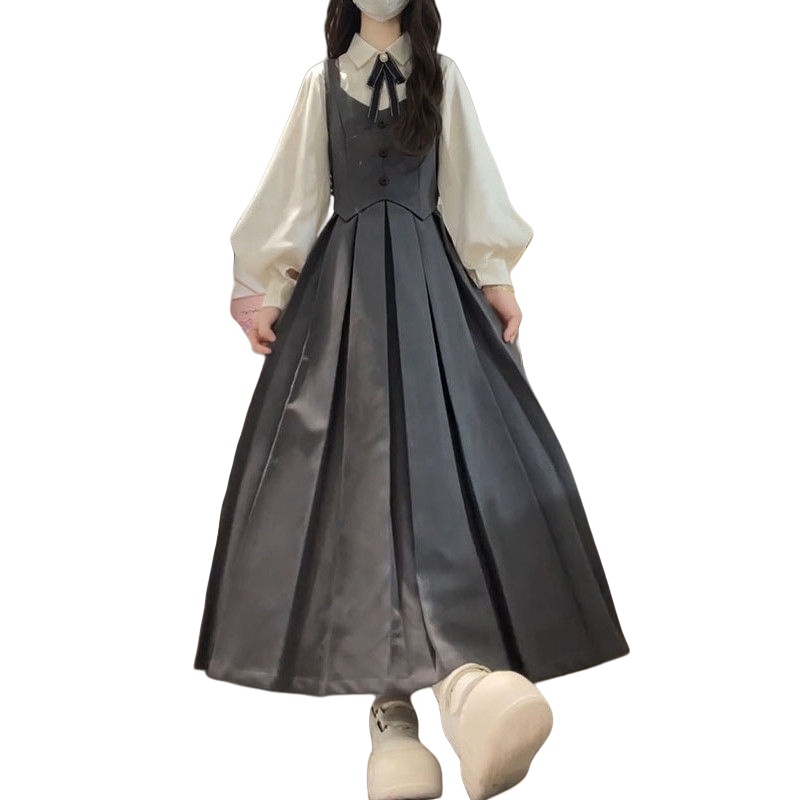 2025秋季新款英伦学院风假两件连衣裙女学生搭配长袖衬衫两件套装 - 图3