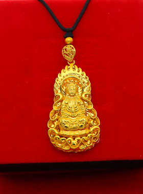 沙金项链吊坠长命锁黄金色古法平安扣黑绳编织绳八宝罗盘镀金坠子