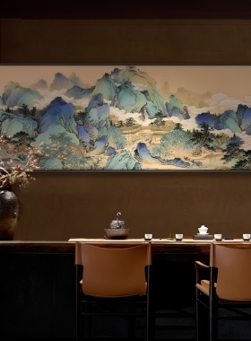 中式挂画沙发千里江山山水茶室装饰画背景墙有山客厅办公室壁画