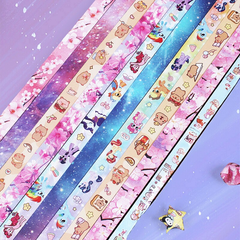 Cute cartoon printed stars origami lucky star long colored paper creative decompression gift stacked five-pointed star handmade paper