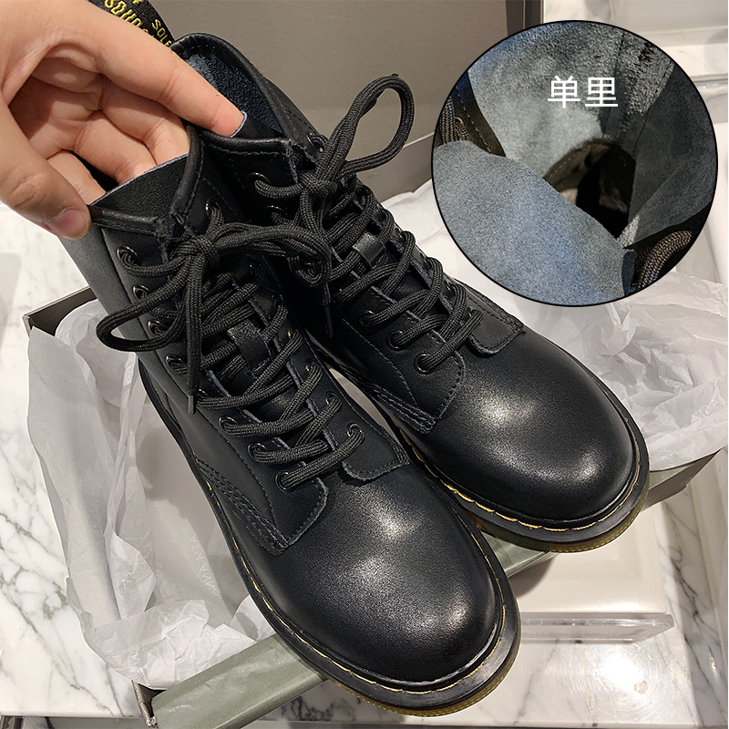 森诗和匠 传统女鞋精真皮帅气港味马丁靴女英伦风8六孔冬加绒棉鞋黑色短靴子大码40-431