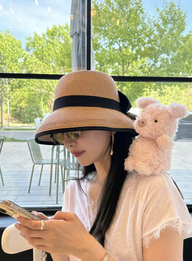 江疏影同款法式蝴蝶结系带草帽子女夏季度假风海边太阳帽防晒帽