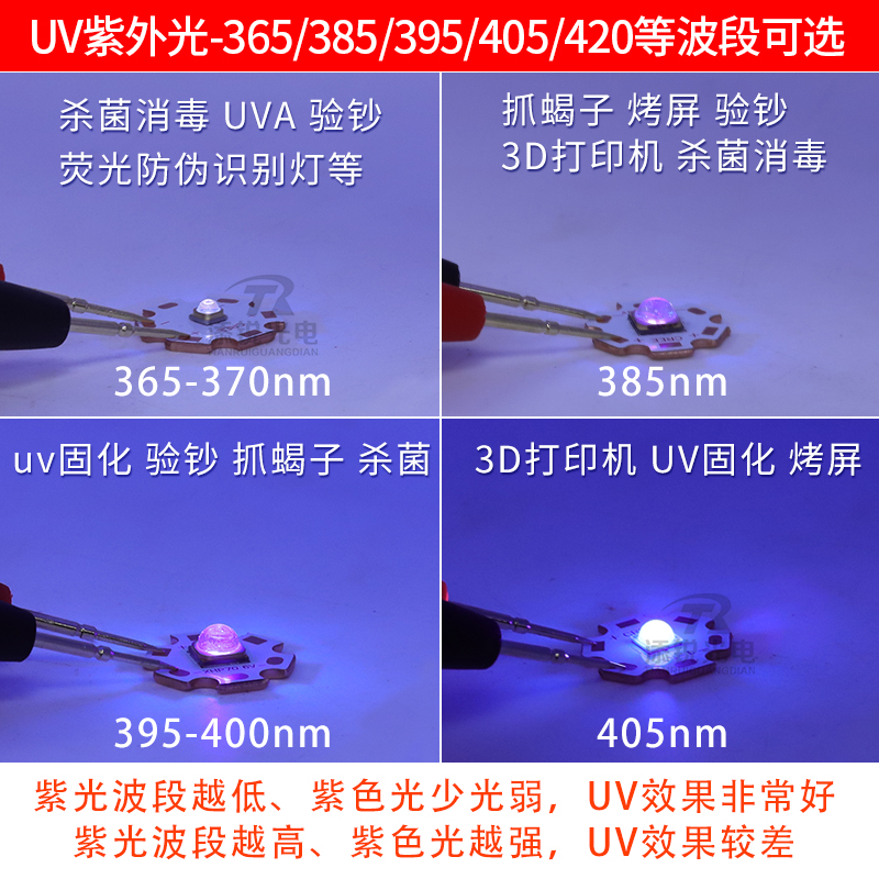 UV紫光大功率灯珠3W10W固化验钞手电筒射灯芯聚光led灯板荧光光源 - 图0