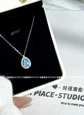s999纯银蓝眼泪水滴项链女轻奢小众设计感锁骨链送闺蜜生日礼物