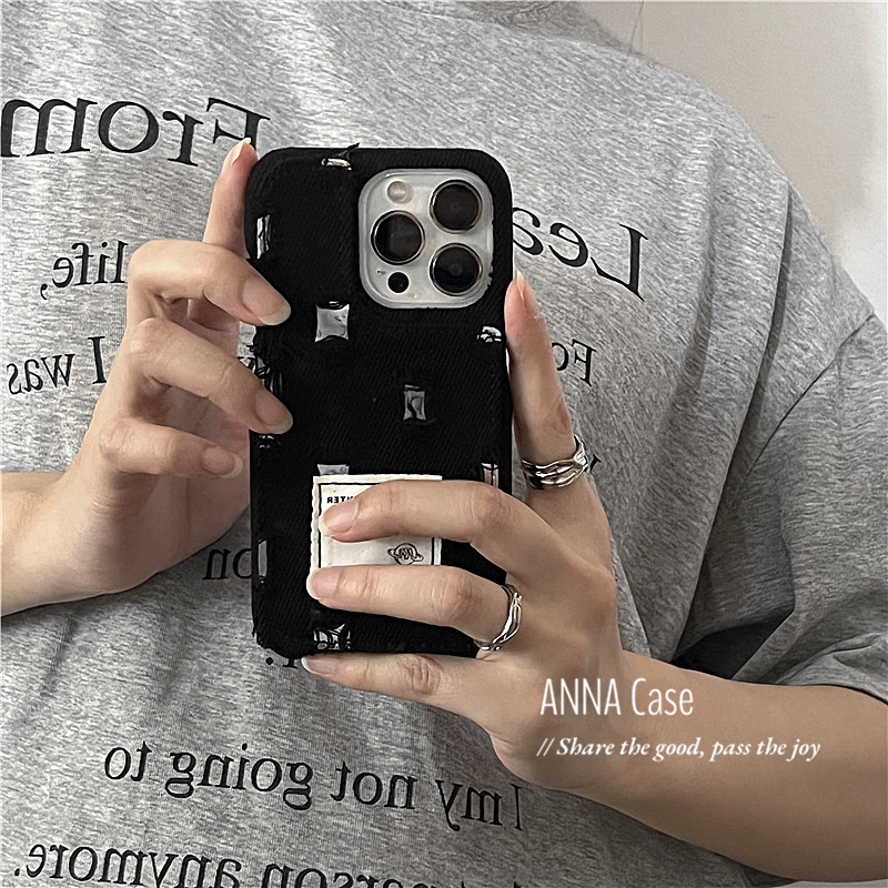 ANNACASE小众黑白色破洞牛仔布标签适用苹果15promax手机壳iphone14/13pro新款11高级感12防摔保护套硬壳 - 图3