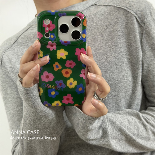 ANNACASEins复古绿油画彩色小花17适用苹果17promax手机壳iphone14全包17pro新款15pro软16promax防摔保护套 - 图0