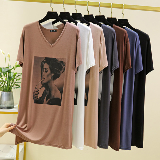 New Modal ຄໍ V ແຂນສັ້ນຂອງແມ່ຍິງ summer ຍາວ T-shirt dress ວ່າງເທິງກາງ, dress over-length