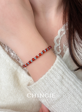 「青芥」天然红玛瑙猫眼石串珠手链新中式百搭红蓝撞色高级感手串