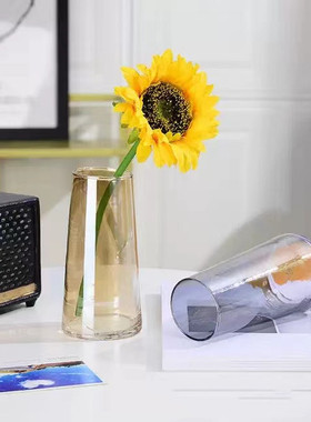 现代简约电镀幻彩透明玻璃小花瓶小清新梯形客厅水养炫彩家居摆件