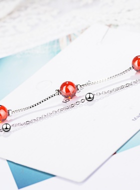 手链女韩版小清新双层石榴石手链气质红色水晶手饰手链