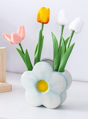 礼物桌面陶瓷花朵花瓶餐桌小摆件客厅插花干花家居装饰品彩绘鲜花