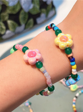 韩版新款多巴胺彩色花朵笑脸石头琉璃手链 甜美百搭爱心手链