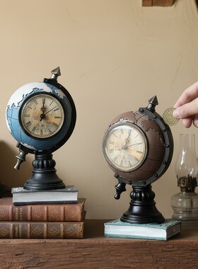时尚创意家居装饰品摆件树脂工艺品复古地球客厅时钟台钟表