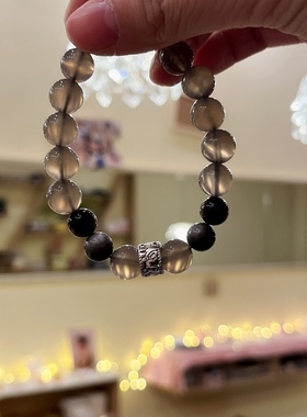 「阴天雨天才有晴天」暗色系天然灰玛瑙银曜石男士纯银小象手链