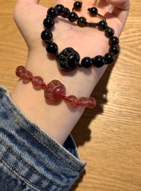 猫爪天然草莓晶编绳情侣手链