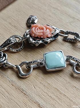 原创设计925银饰镶嵌原矿高瓷绿松石女王贝手链一物一图