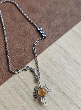 原创设计925银饰镶嵌原矿水晶黄兔毛菱形项链吊坠一物一图