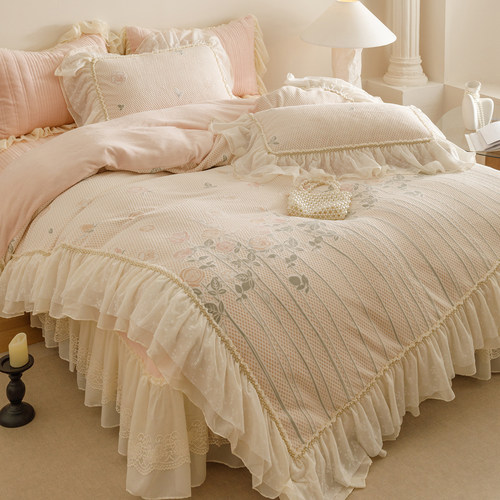 法式床盖款牛奶绒四件套公主风加厚蕾丝边刺绣被套少女心夹棉床品 - 图0