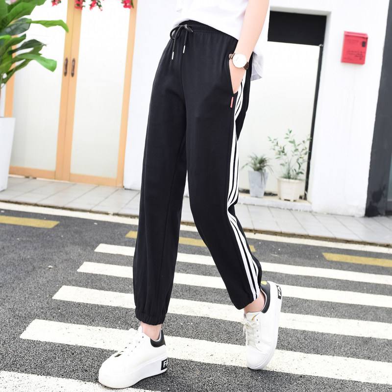 夏季休闲运动裤女春秋薄款长裤宽松大码三道杠