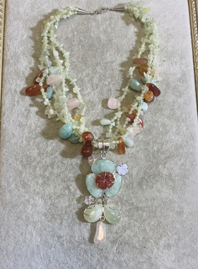 925配件绿凌石莹石玛瑙粉晶雕花镶嵌花朵雕刻流苏项链中长款5.78