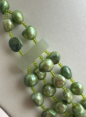 绿色淡水珍珠绿凌石手配手工编织多层流苏中长款项链绿凌石扣头02