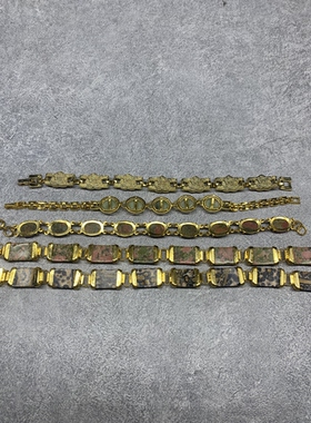 02青岛外贸饰品高级感天然石手链复古金色爱心花绿石铜链子手链