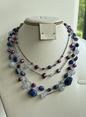 925配件青金石月光石淡水珍珠四层蛋宝石短款颈链项链打标孤品578