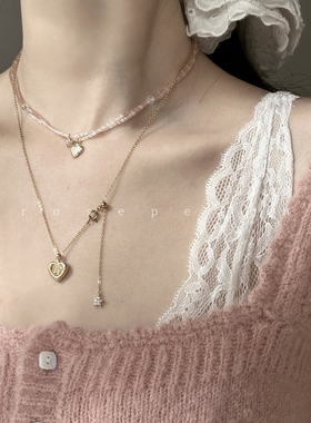 rosepeach「布达佩斯系列」原创小众法式少女爱心粉串珠双层项链