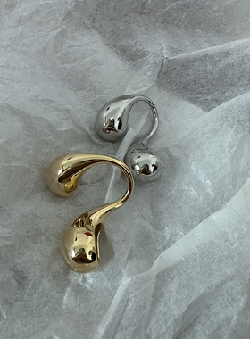 小众夸张镜面金属双水滴开口戒指