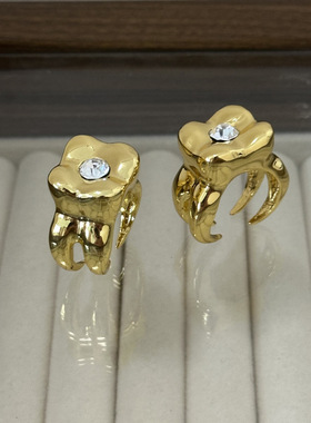 欧美小众个性复古抽象现实主义闪钻牙齿开口戒指独特气质时尚指环