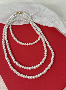 气质多层叠戴磁吸扣珍珠项链长款