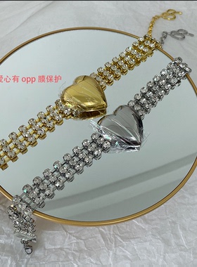 三排闪钻镜面大爱心项链