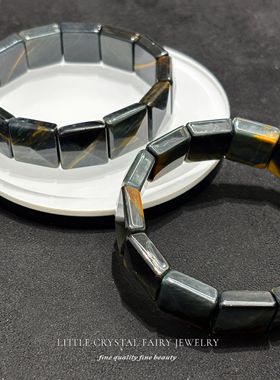 天然黄蓝虎眼石方形手牌排手链可diy原创水晶首饰男生礼物