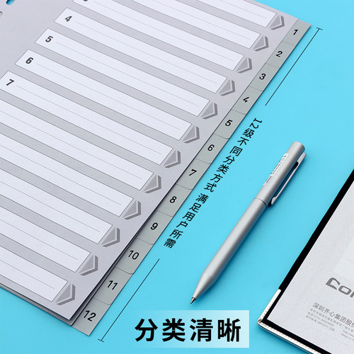 齐心IX894分类纸隔页纸塑料年度索引纸A4数字1-12页11孔分页纸 - 图1