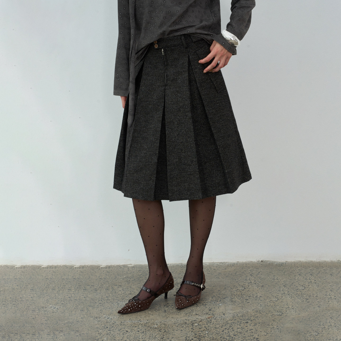 【漫步常青藤】BiLLconch羊毛混纺彩点肌理感半裙A字廓形百褶裙女 - 图0