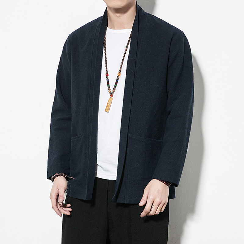 春秋复古棉麻唐装开衫男士短款披风 九幽男装风衣