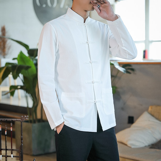 春季薄款盘扣唐装男士加绒中式盘扣衬衫汉服立领中山装茶服打底衫