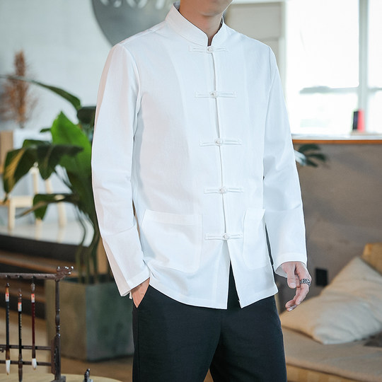 春季薄款盘扣唐装男士加绒中式盘扣衬衫汉服立领中山装茶服打底衫