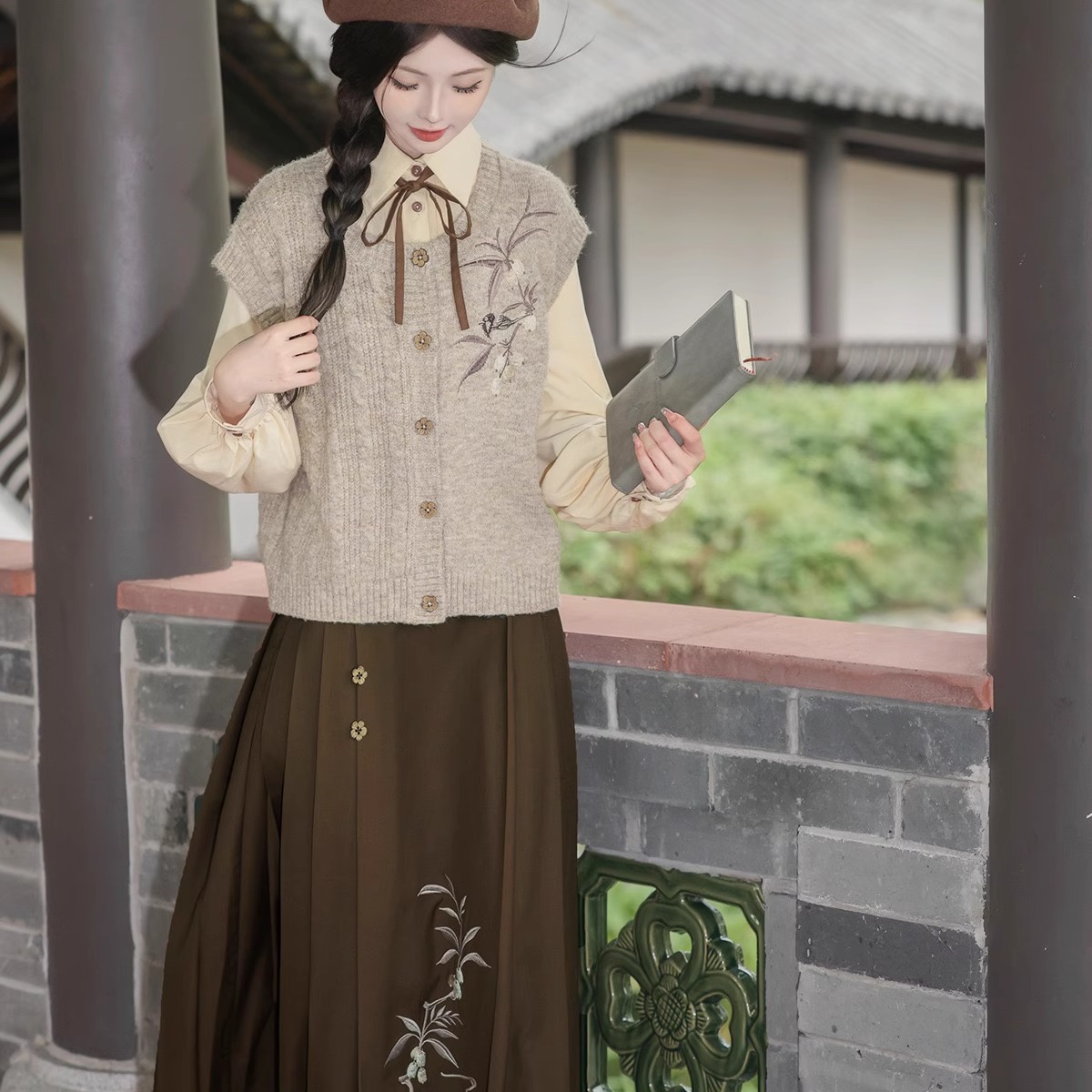 枇杷书原创汉服汉元素文艺复古国风针织马甲半身裙复古毛衣新中式 - 图0