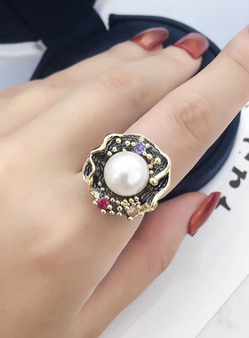 DIY镀黑半成品手工材料珍珠戒指