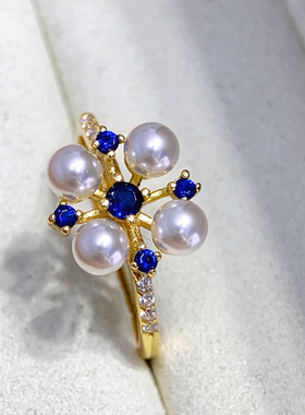 DIY配件S925纯银轻奢蓝钻珍珠戒